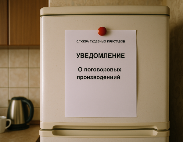 Уведомление судебного пристава на холодильнике в российской кухне