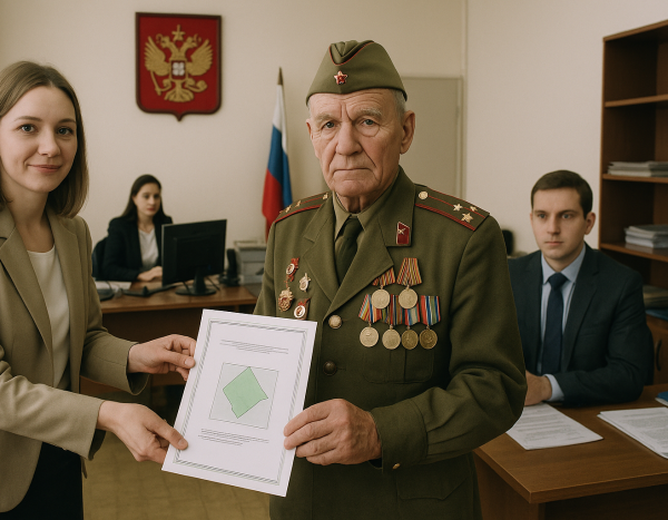 Ветеран получает документы на земельный участок в госучреждении