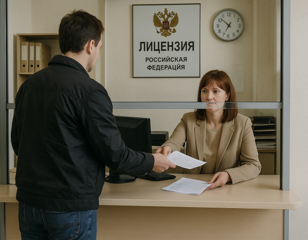 Человек подает документы на лицензию в государственном учреждении