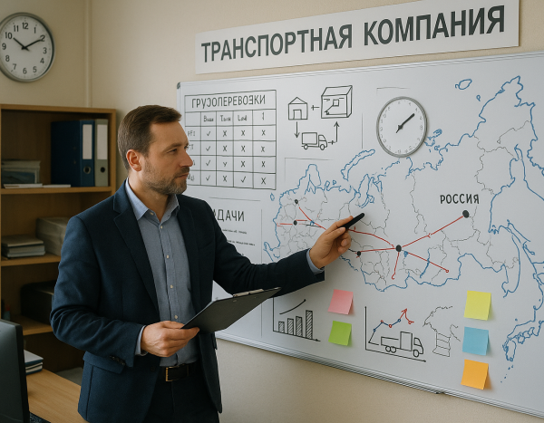 Менеджер в офисе транспортной компании изучает планы логистики