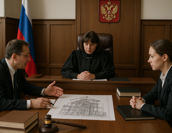 Судебное заседание по поводу строительства с судьей и адвокатами